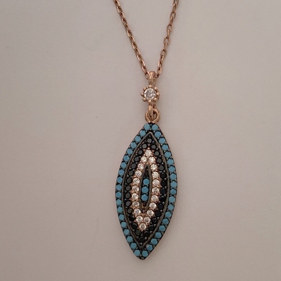 🧿 925 Silver necklace fancy oval evil eye cz turquoise